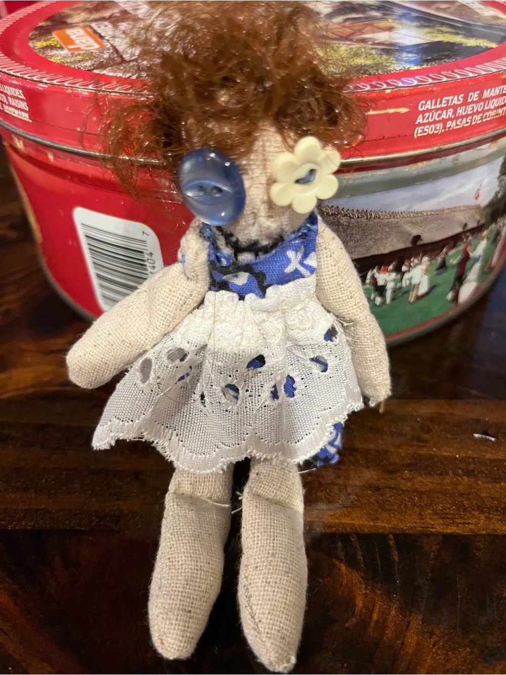 Handmade Beige Scrappy Doll with Blue and White Dress